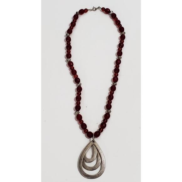 Vintage Sterling Silver & Red Glass Bead Teardrop Pendant Necklace 18" - Picture 3 of 8